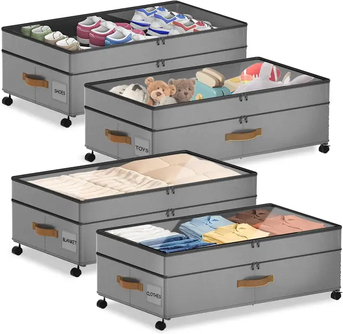 Eunos Under Bed Storage with Wheels, 2 Pack Under Bed Storage Containers with Clear Lid and Handles, Storage Organizer Bins